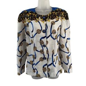 Vintage Cheminee Blouse Womens 10 White Satin Baroque Print Button Front Top 90s